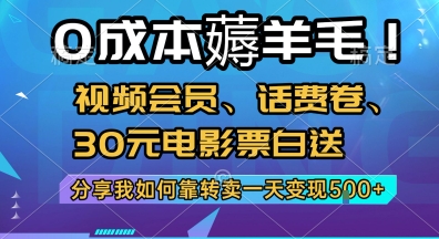 0成本薅羊毛!视频会员、话费卷、30元电影票白送,分享我如何靠转卖一天变现5张+【揭秘】|淘骐网赚资源库