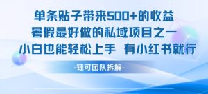 单条贴子带来5张的收益，暑假最好做的私域项目之一，小白也能轻松上手，有小红书就行|淘骐网赚资源库
