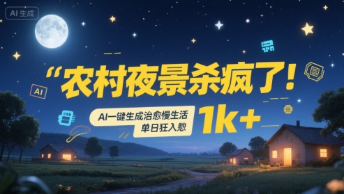 农村夜景杀疯了!AI一键生成治愈系慢生活,单日狂入1k+|淘骐网赚资源库