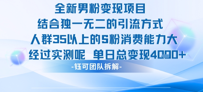 全新男粉变现项目引流人群35以上的男粉消费能力大 经过实测单日变现1k+|淘骐网赚资源库