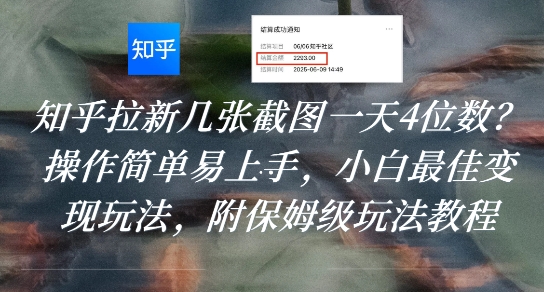 知乎拉新几张截图一天4位数？操作简单易上手，小白最佳变现玩法，附保姆级玩法教程|淘骐网赚资源库