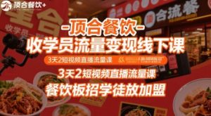 顶合餐饮-收学员流量变现线下课，3天2短视频直播流量课，餐饮板招学徒放加盟|淘骐网赚资源库