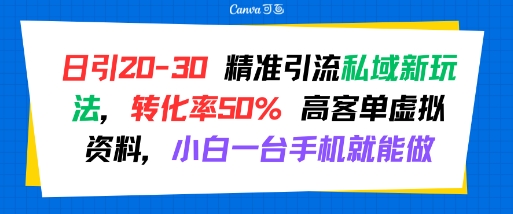 日引 20-30 精准引流私域新玩法，转化率50% 高客单虚拟资料，小白一台手机就能做|淘骐网赚资源库