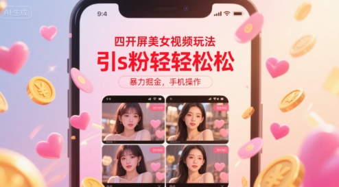 四开屏美女视频玩法,引s粉轻轻松松,暴力掘金,手机操作【揭秘】|淘骐网赚资源库
