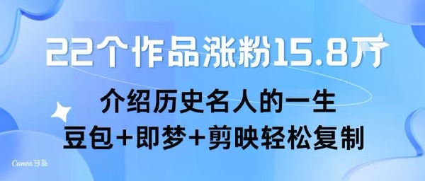 22个作品涨粉15.8W ，介绍历史名人的一生 ， 豆包+即梦+剪映轻松复制|淘骐网赚资源库