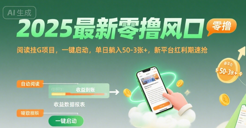 2025最新零撸风口,阅读挂G项目,一键启动,单日躺入 50-3张+,新平台红利期速抢【揭秘】|淘骐网赚资源库