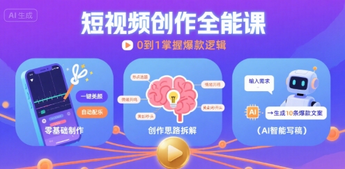短视频创作课，短视频制作、创作思路、Ai写爆款文案|淘骐网赚资源库
