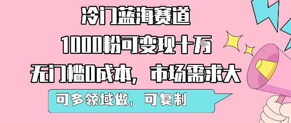 冷门蓝海赛道，1000粉可变现十W，无门槛0成本，市场需求大，可多领域做，可复制性强|淘骐网赚资源库