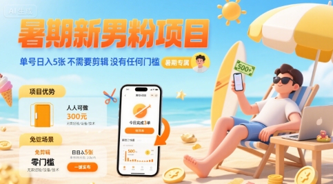 暑期新男粉项目 单号日入5张 不需要剪辑 没有任何门槛|淘骐网赚资源库