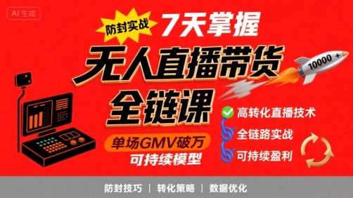 无人直播带货全链防封实战课,7天掌握高转化直播技术,实现单场GMV破万可持续模型|淘骐网赚资源库
