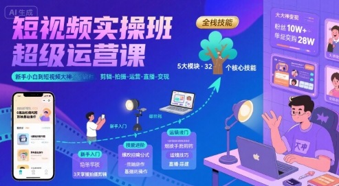 短视频实操班超级运营课,新手小白到短视频大神必修课程,剪辑-拍摄-运营-直播-变现|淘骐网赚资源库