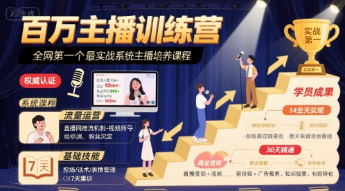 百万主播训练营,全网第一个最实战系统主播培养课程|淘骐网赚资源库