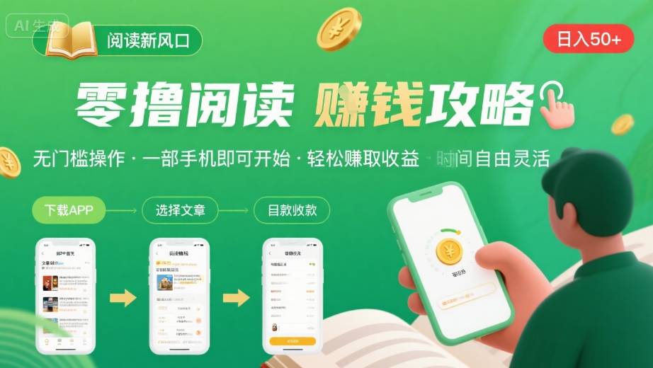零撸阅读新风口,无门槛轻松挣,一部手机,日入 50-3张【揭秘】|淘骐网赚资源库