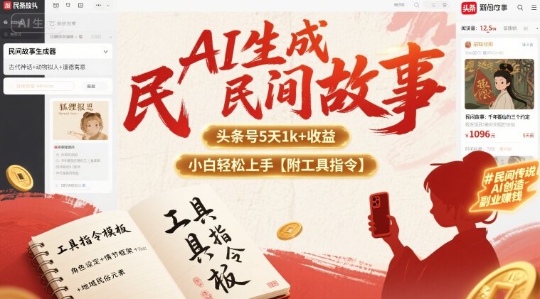 AI生成民间故事,头条号5天1k+,小白轻松上手【附工具指令】|淘骐网赚资源库