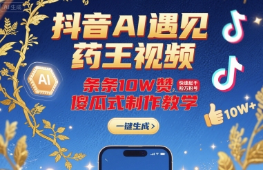 抖音AI遇见药王视频,条条10W赞,快速起千粉万粉号,傻瓜式制作教学|淘骐网赚资源库