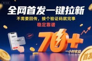 全网首发一键拉新项目，不需要回传，接个验证码就完事，稳定靠谱，一小时收益70+【揭秘】|淘骐网赚资源库