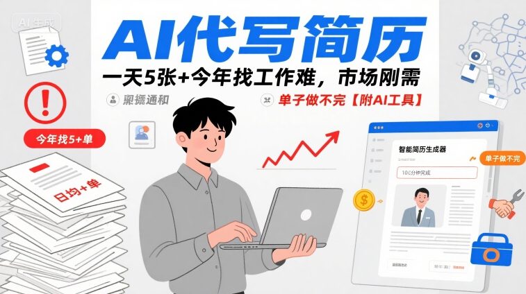 AI代写简历，一天5张+今年找工作难，市场刚需，单子做不完【附AI工具】|淘骐网赚资源库