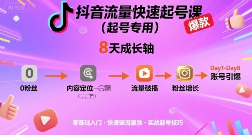 抖音流量快速起号课（起号专用），8天带你做爆自己的账号|淘骐网赚资源库