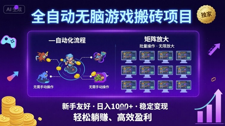 全自动无脑游戏搬砖项目,独家玩法,可批量矩阵无限放大,新手也能轻松日入1k+【揭秘】|淘骐网赚资源库
