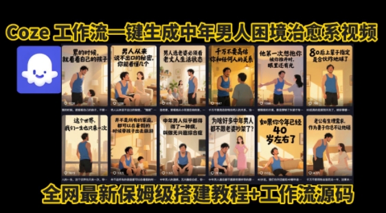 coze工作流一键生成”中年男人困境扎心高涨粉高播放量图文视频”保姆级拆解教程,无需剪辑,无需拍摄写文案|淘骐网赚资源库