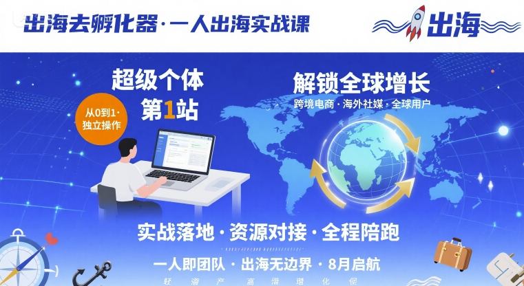 出海去孵化器,一人出海实战课,超级个体第1站,解锁全球增长|淘骐网赚资源库