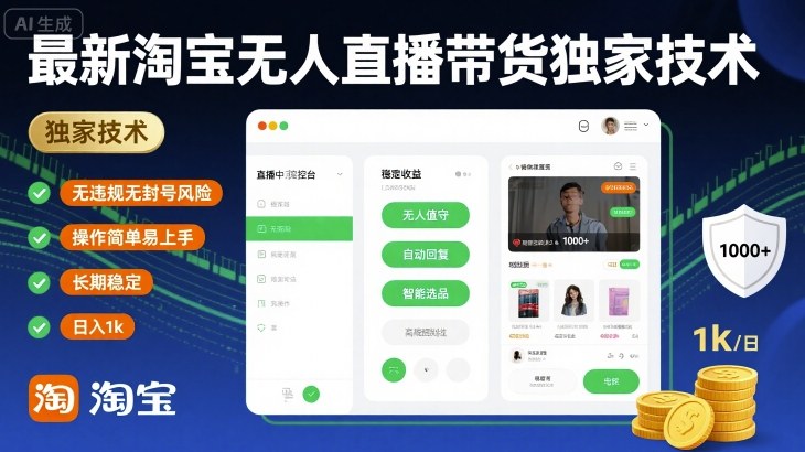 最新淘宝无人直播带货独家技术,无违规无封号风险,操作简单易上手,长期稳定日入1k【揭秘】|淘骐网赚资源库