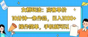 女粉玩法：高客单价，10分钟一条作品，日入1k+操作简单，手机就可以|淘骐网赚资源库