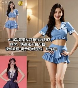 AI海军装美女跳舞视频制作教学，快速涨千粉万粉，视频教程+提示词(绘图词、动作词)|淘骐网赚资源库