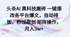 头条AI 黑科技搬砖 一键爆改各平台爆文，自动排版，秒过原创 矩阵操作，月入3w+【揭秘】|淘骐网赚资源库