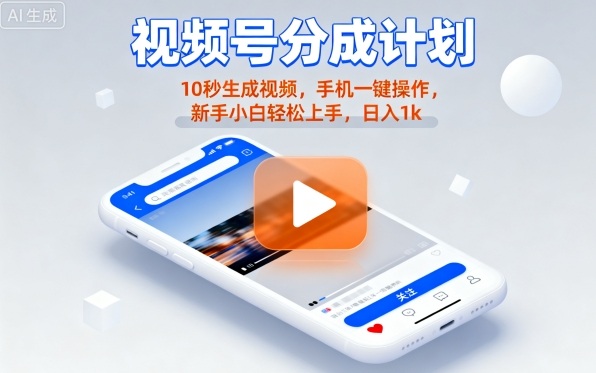 视频号分成计划懒人玩法,10秒生成视频,手机一键操作,新手小白轻松上手,日入1K【揭秘】|淘骐网赚资源库