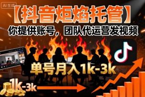 【抖音炬焰托管】你提供账号,团队代运营发视频,单号月入1k+【揭秘】|淘骐网赚资源库
