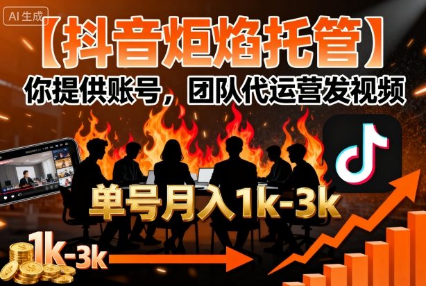 【抖音炬焰托管】你提供账号,团队代运营发视频,单号月入1k+【揭秘】|淘骐网赚资源库