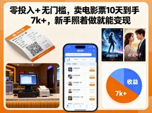 零投入+无门槛，卖电影票10天到手7k+，新手照着做就能变现【揭秘】|淘骐网赚资源库