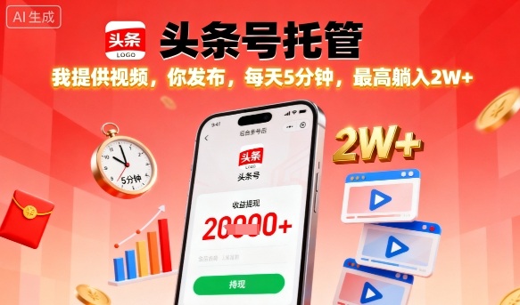【头条号托管】我提供视频,你发布,每天5分钟,最高躺入2W+【揭秘】|淘骐网赚资源库