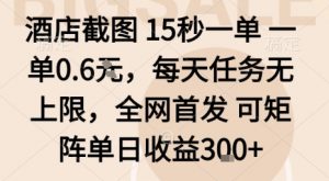 酒店截图15秒一单，一单0.6米，每天任务无上限，全网首发可矩阵单日收益3张【揭秘】|淘骐网赚资源库