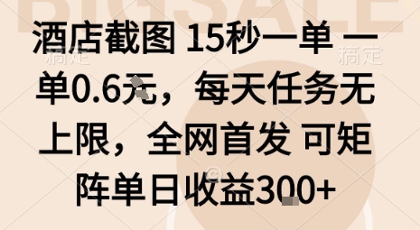 酒店截图15秒一单,一单0.6米,每天任务无上限,全网首发可矩阵单日收益3张【揭秘】|淘骐网赚资源库