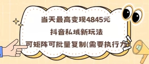 当天最高变现1k+,抖音私域新玩法,可矩阵可批量复制|淘骐网赚资源库