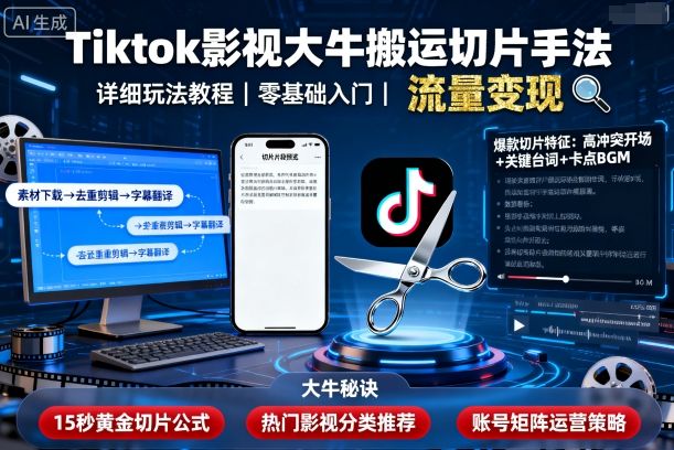 Tiktok影视大牛搬运切片手法，详细玩法教程|淘骐网赚资源库