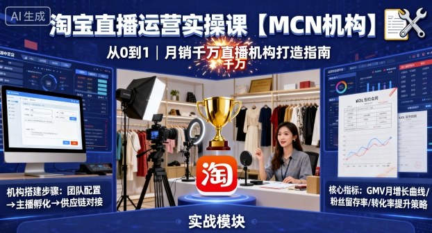 淘宝直播运营实操课【MCN机构】,从0到1做一家月销千W的直播机构|淘骐网赚资源库