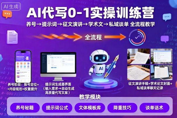 AI代写0-1实操训练营,从养号、提示词、征文演讲、学术文,到私域谈单的全流程教学|淘骐网赚资源库