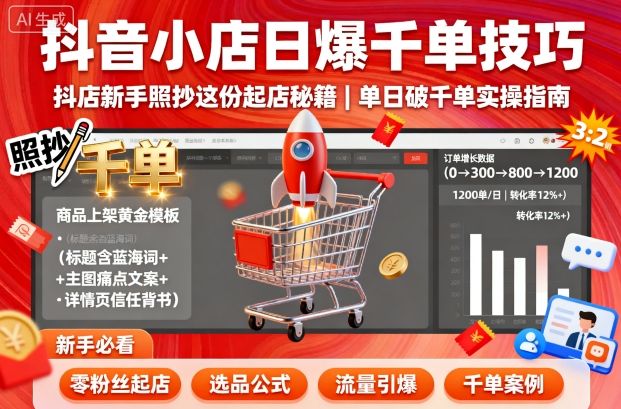抖音小店日爆千单技巧，抖店新手照抄这份起店秘籍，单日破千单|淘骐网赚资源库