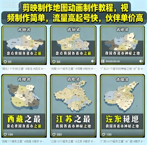 剪映制作地图动画制作教程，视频制作简单，流量高起号快，伙伴单价高|淘骐网赚资源库