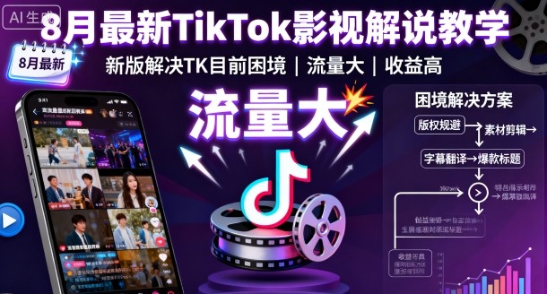 8月最新TikTok影视解说教学，新版解决TK目前困境，流量大，收益高|淘骐网赚资源库