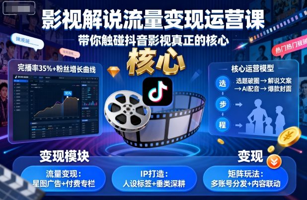影视解说流量变现运营课,带你触碰抖音影视真正的核心|淘骐网赚资源库