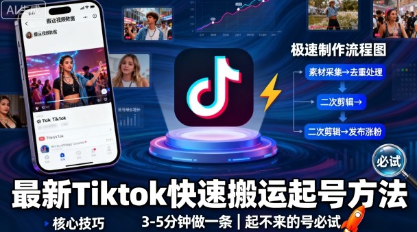 最新Tiktok快速搬运快速起号方法，3-5分钟做一条，起不来的号可以试试|淘骐网赚资源库