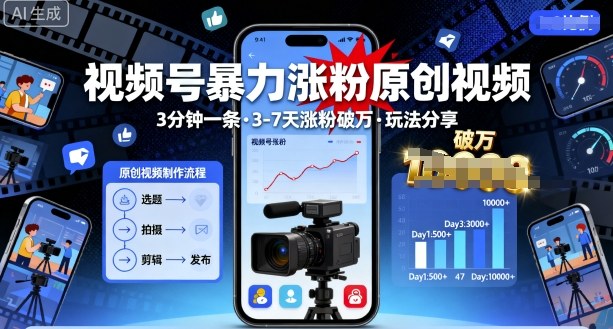 视频号暴力涨粉原创视频，3分钟一条原创视频，3-7天涨粉破万，玩法分享给你|淘骐网赚资源库