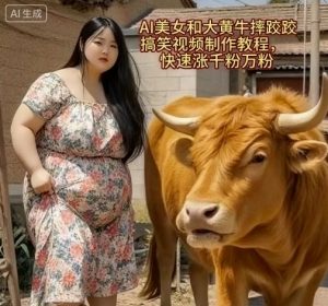 AI美女和大黄牛摔跤搞笑荒诞视频制作教程，快速涨千粉万粉|淘骐网赚资源库