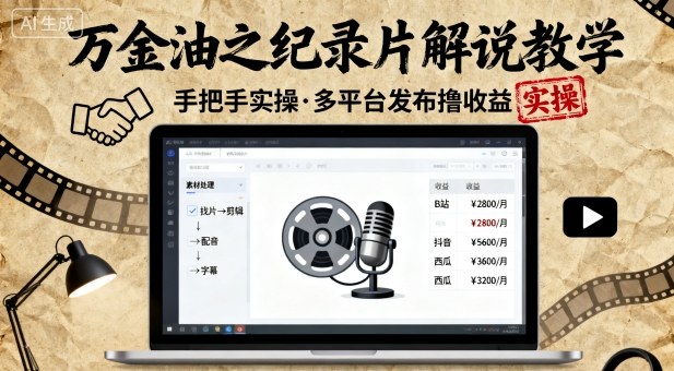 万金油之纪录片解说教学,手把手教你,完全实操,多平台发布撸收益|淘骐网赚资源库