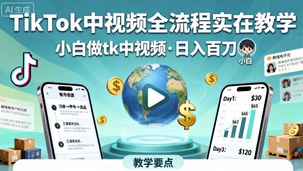 TikTok中视频全流程实操教学,小白做tk中视频,日入百刀|淘骐网赚资源库