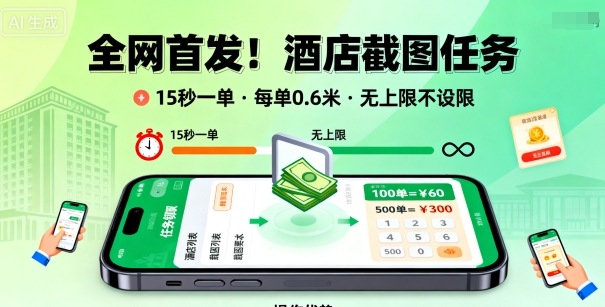 全网首发！酒店截图任务，15秒一单，每单0.6米，任务无上限不设限，矩阵操作单日3张到手【揭秘】|淘骐网赚资源库